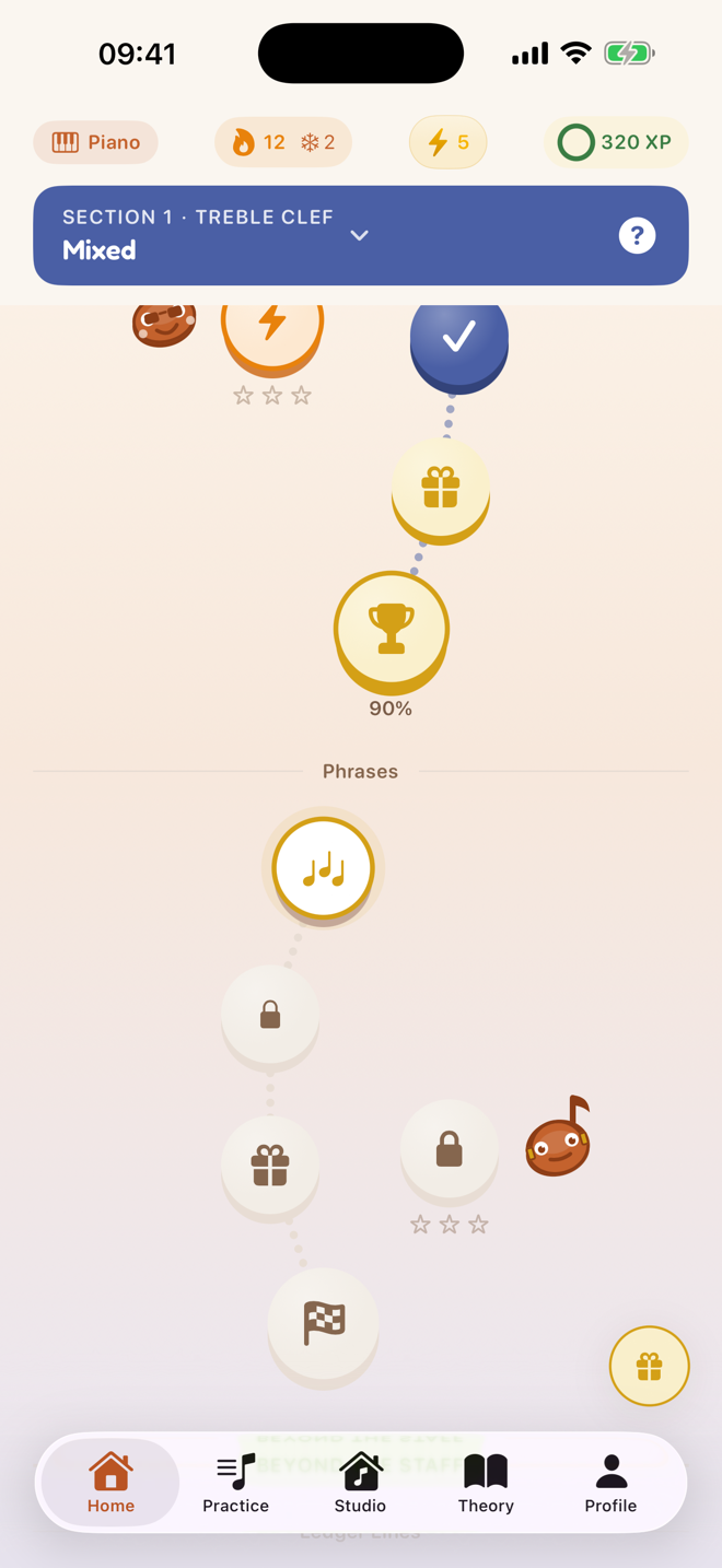 Clefly home screen showing a 12-day streak, the daily goal reached, and a skill tree of completed treble-clef nodes.