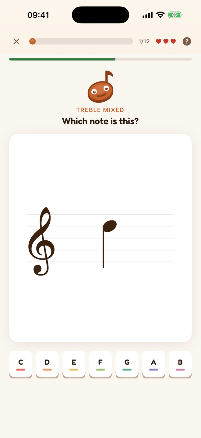 A Clefly lesson asking 'Which note is this?' with a note on the treble staff and labelled note buttons below.