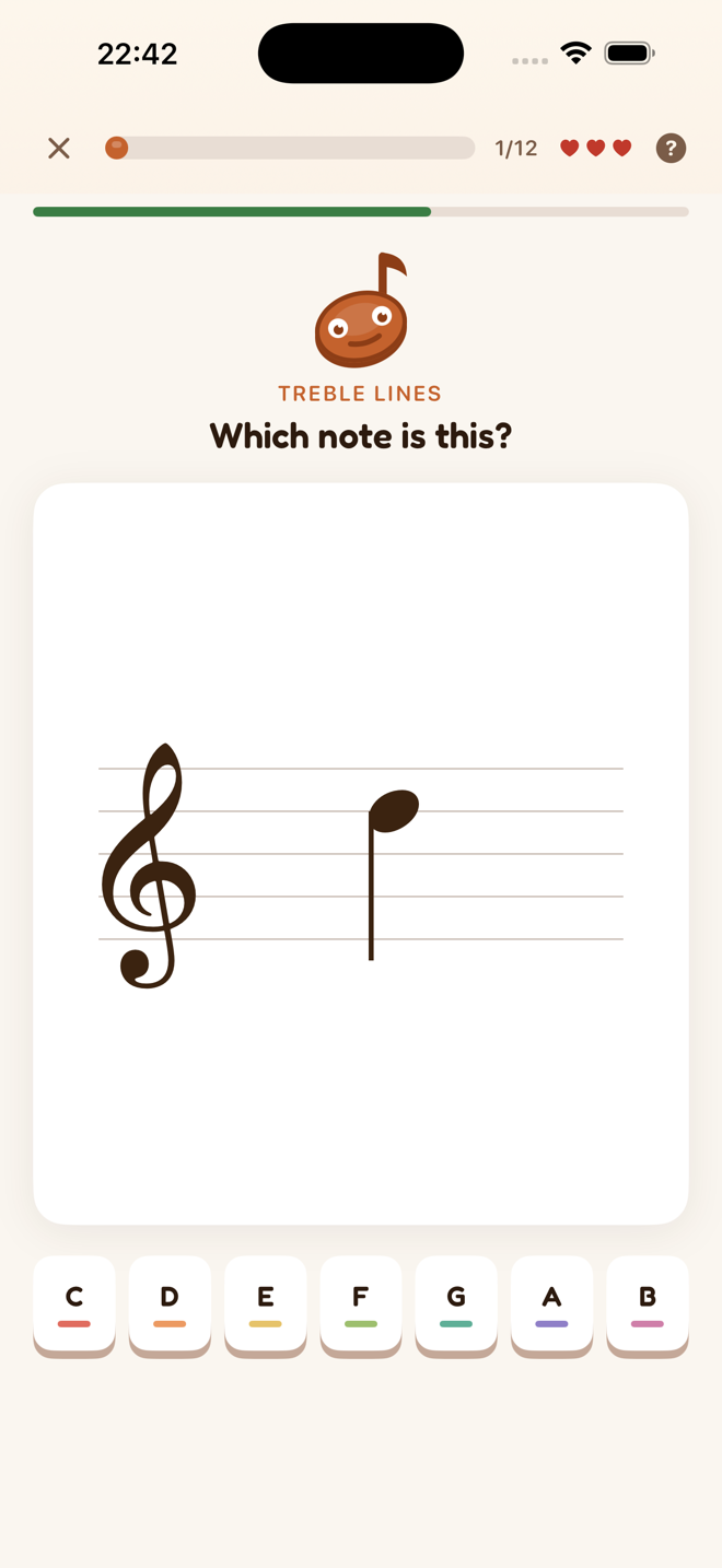A Clefly lesson asking 'Which note is this?' with a note on the treble staff and labelled note buttons below.
