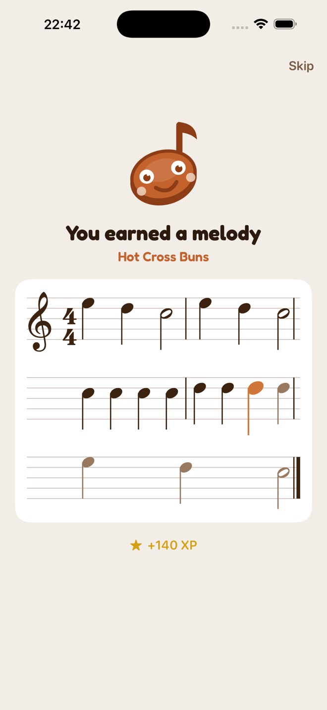 A Clefly reward screen reading 'You earned a melody' with a short tune written out as sheet music.