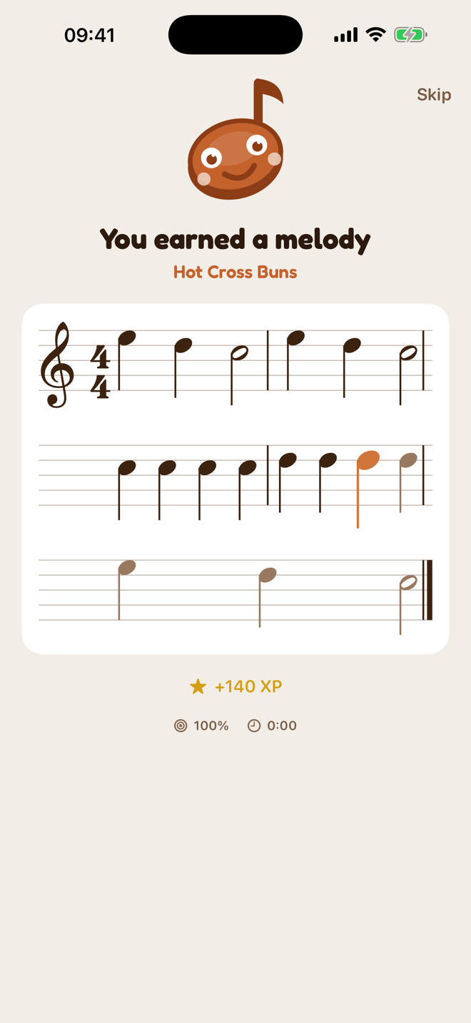 A Clefly reward screen reading 'You earned a melody' with a short tune written out as sheet music.